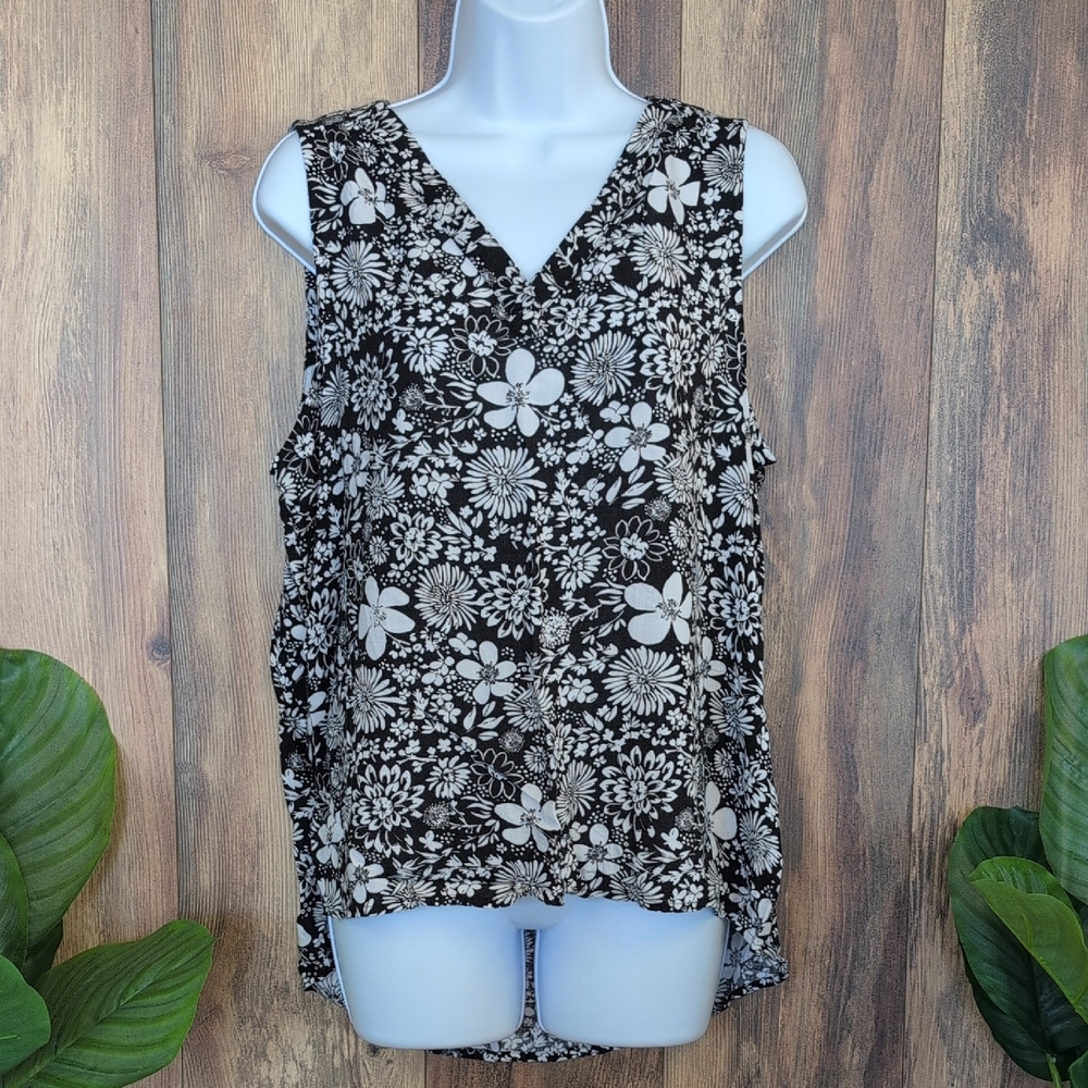 Sonoma Black and White Floral V Neck Tank Top Blouse L W211 - Picture 1 of 6
